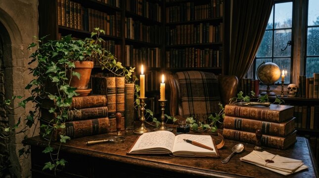 A dimly lit, cozy library with a wooden desk, a chair, and a globe on a stand. The desk is cluttered with old books, candles, and a plant. The room has dark curtains and a large window  .