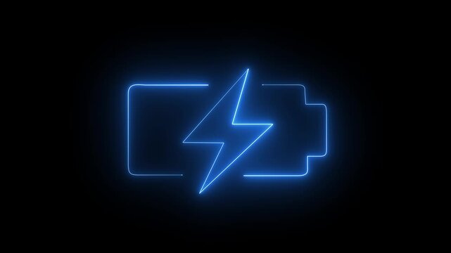 Neon blue color battery charging icon animation on the black background. Glowing battery fast charging. Glowing neon battery charging on black background 4k 