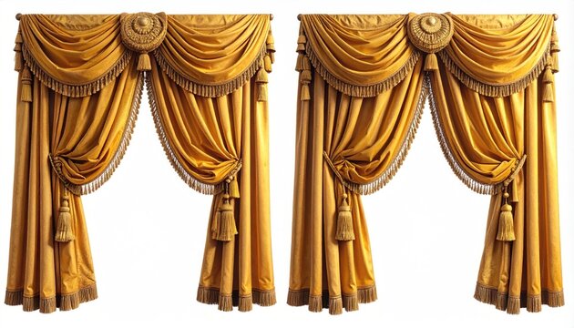 Ornate golden drapes with tassels and decorative swags