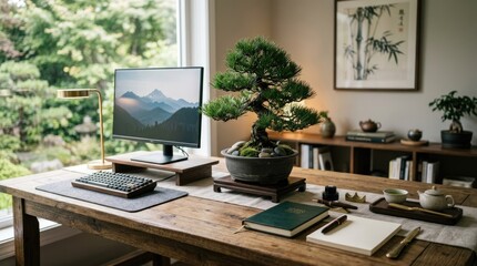 Fototapeta premium A serene home office setup with a bonsai tree, a desk, a computer, and a lamp, featuring a mountain landscape on the computer screen.