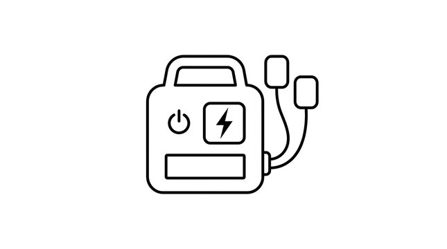 Professional black and white vector line icon of automated external defibrillator featuring power button and electric heart symbol for medical safety applications