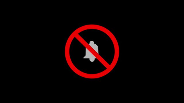 White Bell Icon with Red Prohibition Sign on Black Background symbol Animation .