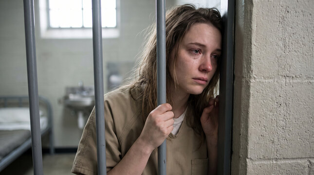 Distressed young woman prisoner behind metal bars in a jail cell