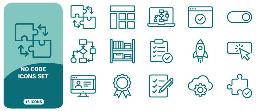 No code icons set featuring outline symbols for software development, workflow automation, web interface and digital project management