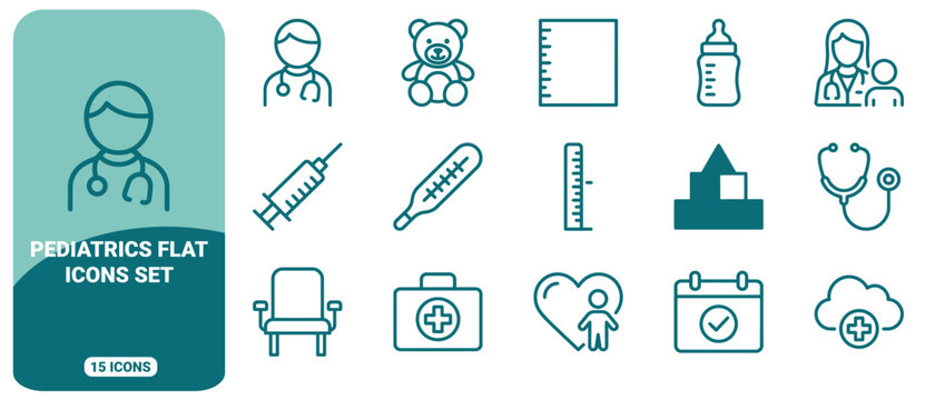 Pediatrics flat icon set featuring medical symbols, doctor, baby bottle, stethoscope, teddy bear, and healthcare equipment in teal outline style