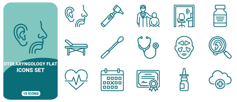Otolaryngology and ent medical icon set, featuring outline of ear, nose, throat, diagnostic tools, and clinical equipment in teal