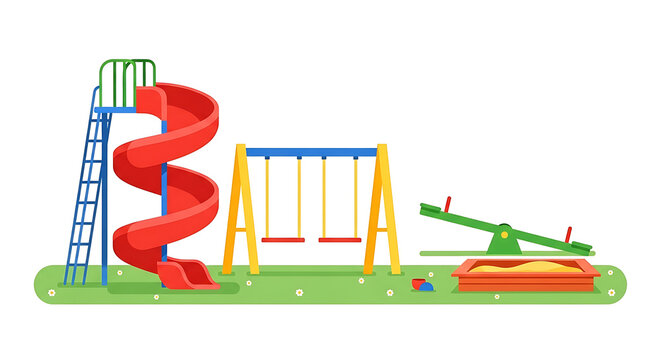 A colorful children playground featuring a red spiral slide a yellow swing set and a seesaw in a flat vector illustration clipart style