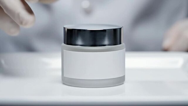 Cosmetic Cream Jar Held by Gloved Hand in Professional Laboratory Setting for Skincare and Health Applications
