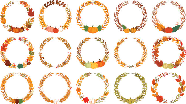  Cute Autumn Wreath Vector Clipart Set with Hand Drawn Fall Leaves, Pumpkins, and Wheat Foliage Circular Borders for Thanksgiving Card Designs