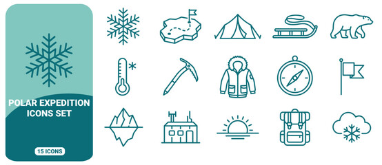 Polar expedition icon set featuring outline of arctic wildlife, camping gear, navigation tools, and winter weather symbols © ico-vect