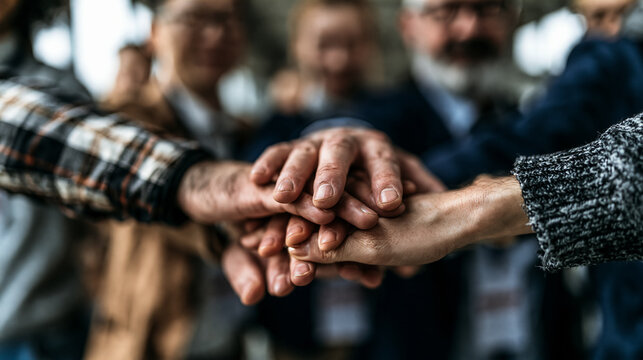 Group of People Stacking Hands Together, Teamwork and Unity Business Concept