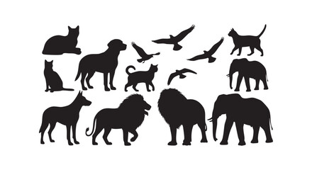 Fototapeta premium Wildlife and domestic animal silhouettes including lions elephants dogs and flying birds on a plain white background set.
