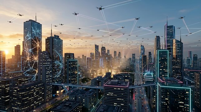 Futuristic smart city skyline with drones and digital data network