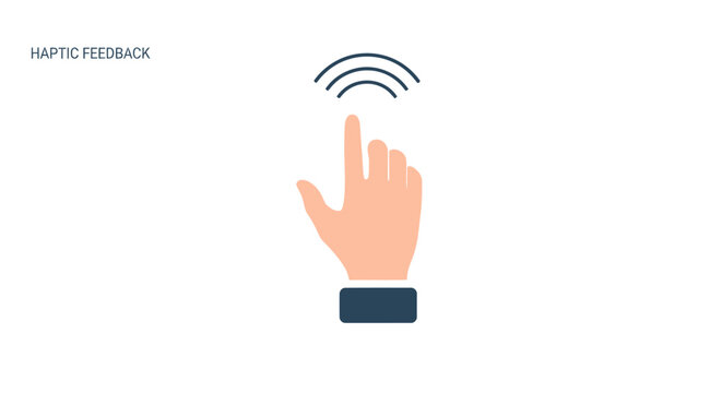 Flat vector illustration of a hand pointing with haptic feedback signal waves above the finger.