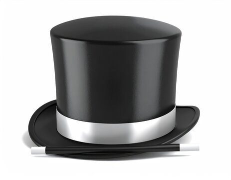 Black top hat with silver band and magic wand, white background