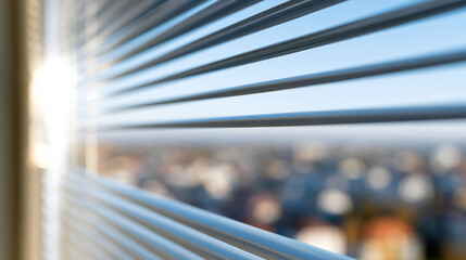 Obraz premium Silver venetian blinds close up view near window overlooking blurred cityscape 