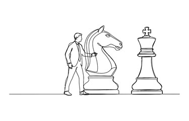 Businessman standing with a giant chess knight piece facing a king in a simple continuous line drawing style for business strategy concepts Vector, illustration © Kailash Roy