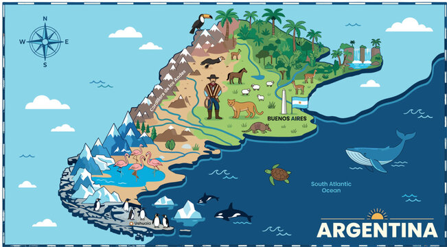 Illustrated Argentina Map Vector with South American Wildlife Landmarks Patagonia Mountains Penguins and Cultural Elements for Educational and Travel Graphic Designs