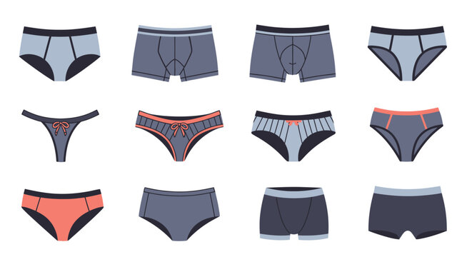 Vector illustration set of various men and women underwear styles including briefs boxers and thongs.