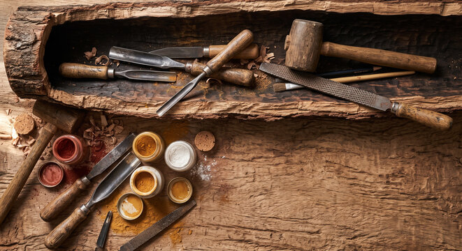 Cinematic overhead lay of Australian didgeridoo woodcarving tools on eucalyptus