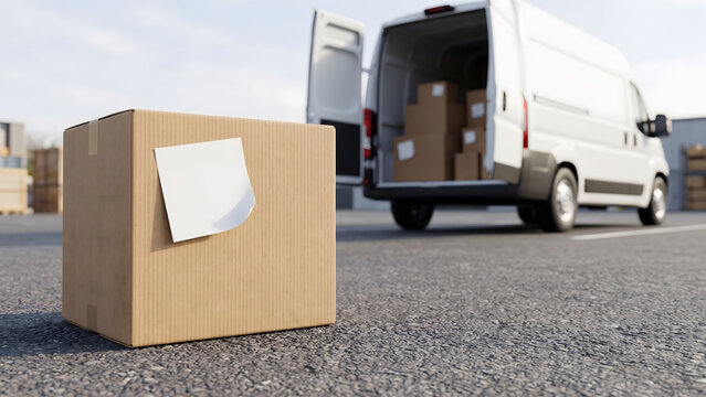 Blank Sticky Note Mockup on Shipping Box Outside Warehouse Delivery Van