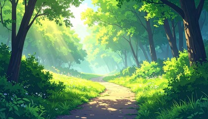 Fototapeta premium Anime Style Illustration of a Sunlit Forest Path with Lush Green Trees