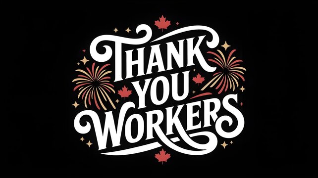 Thank you workers lettering design with fireworks and maple leaves on a black background a tribute to essential workers, labor, and appreciation, suitable for labor day or canadian holidays