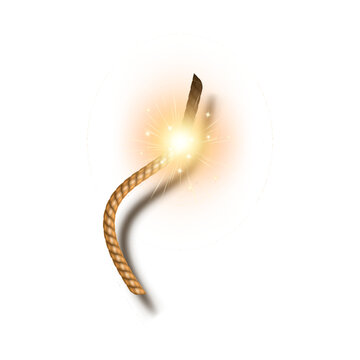 A realistic illustration of a burning twisted fuse with bright sparks and a flash of light.