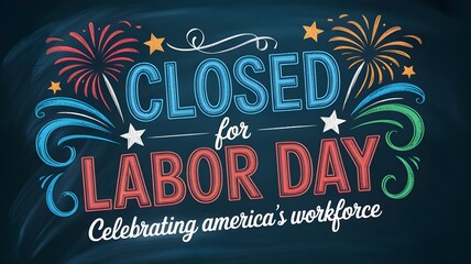 Obraz premium Chalkboard style labor day sign announcing closed for labor day and celebrating americas workforce, featuring festive fireworks and stars on a dark background