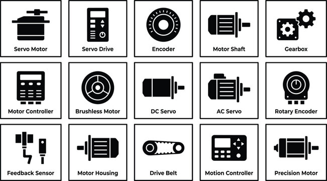 Set of industrial motion control and motor components icons, including servo motor, gearbox, encoder, motor controller, and various motor types