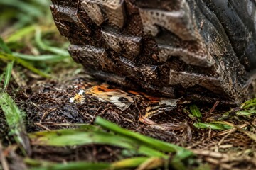 Fototapeta premium Worn hiking shoe on forest floor breaks a butterfly, as fragrance nature concept