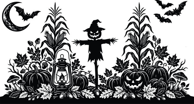Halloween silhouette scene scarecrow pumpkins corn and bats spooky autumn design
