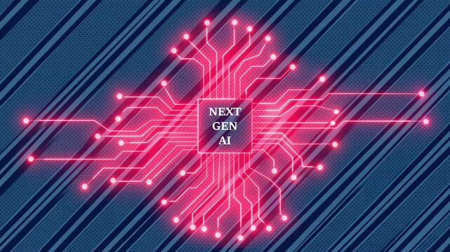 Neon glowing circuit board microprocessor processing digital information animation.