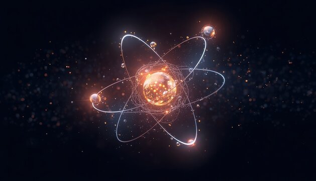 Glowing atom model illustration with orbiting electrons electron chemistry particle structure research innovation education abstract molecular technology background conceptual laboratory