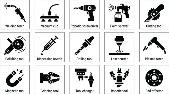 Set of industrial robotic end effector icons, manufacturing automation tools, welding, drilling, cutting, painting, gripping and assembly equipment vector symbols