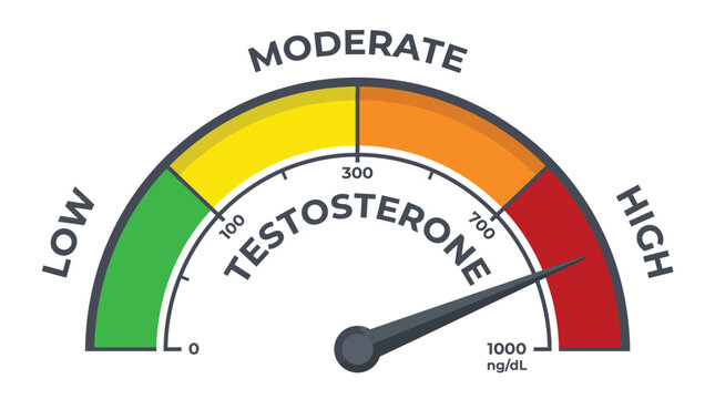 A medical testosterone gauge display showing high hormone levels in a bright flat vector design style