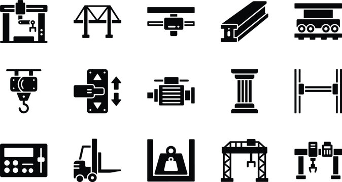Set of industrial and construction machinery icons, including cranes, forklifts, structural beams, and mechanical equipment