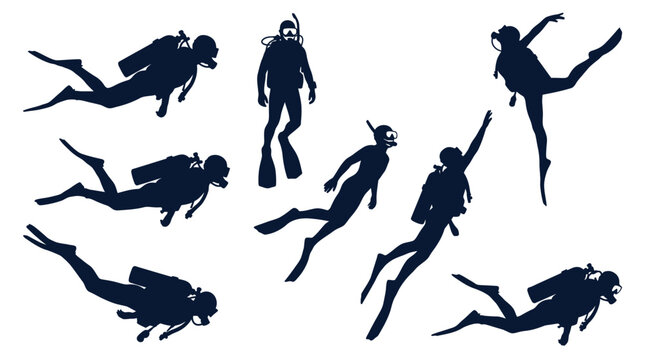 Dark blue silhouettes of scuba divers swimming in various active poses on a white background