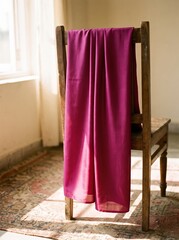 Fototapeta premium Magenta Silk Dupatta Draped Over Wooden Chair