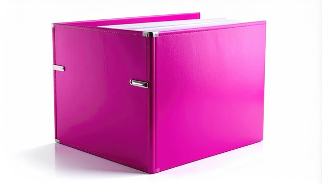 A vibrant magenta, cube-shaped file organizer with silver accents, on white