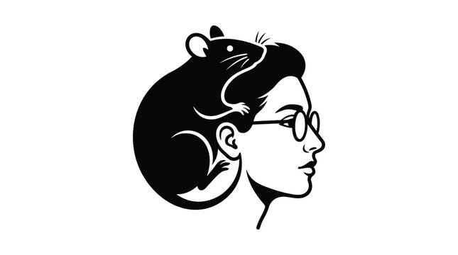 Minimalist black and white graphic illustration showing a pet rat sitting on a woman's head