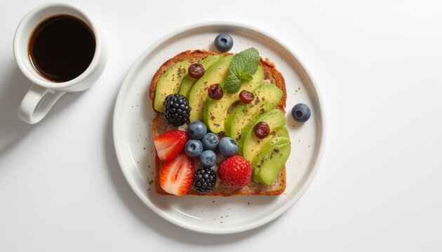 Healthy breakfast with avocado toast and fresh berries. Colorful morning meal featuring whole grain bread, fruit toppings, and black coffee.
