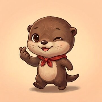 Cute baby otter winking and showing Korean finger heart sign