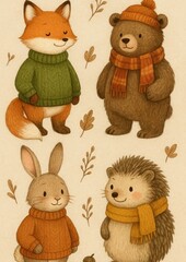Fototapeta premium Cute woodland animals in sweaters.