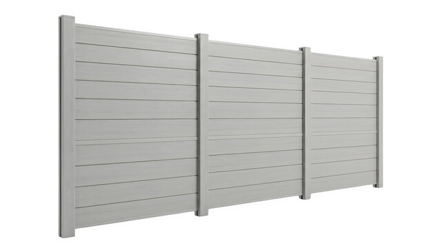 Modern grey vinyl fence panels isolated on white, contemporary plastic privacy fencing for residential backyard, durable composite garden wall sections