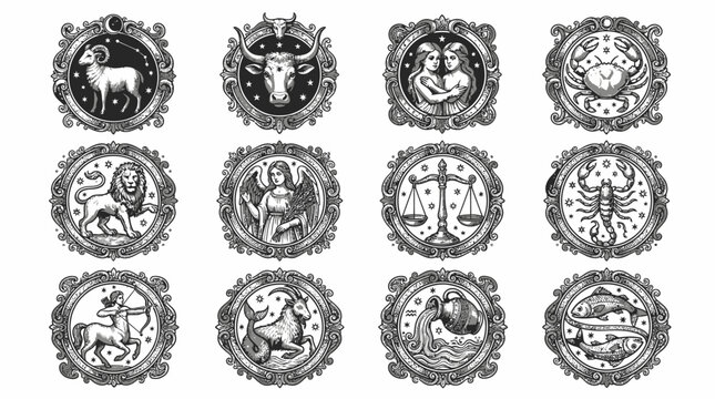 Twelve detailed vintage-style black and white zodiac signs, each depicted in an ornate circular frame, representing all astrological constellations.