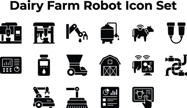 Dairy farm robot icon set, automated milking systems, smart agriculture technology, robotic farming equipment, livestock monitoring and data analysis tools