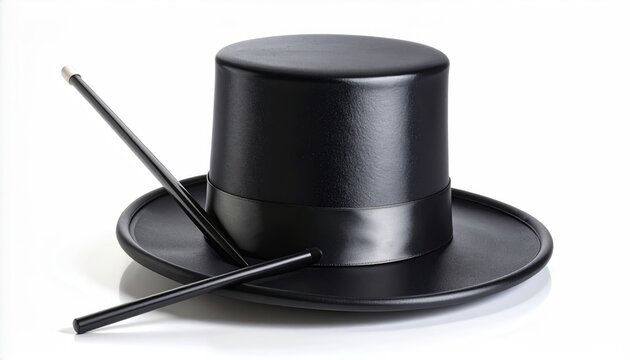Sleek black top hat and wand, classic magic props, studio isolated