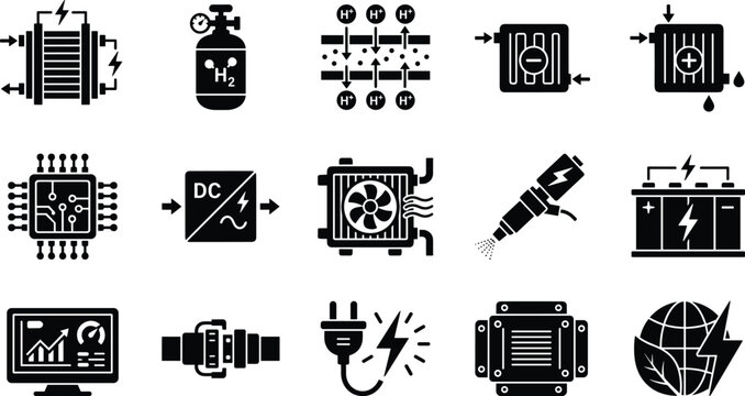 Set of hydrogen fuel cell technology icons, including power generation, storage, electrolysis, components, and sustainable energy solutions