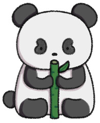 Cute hand-drawn giant panda cartoon illustration eating bamboo, sitting down © BillyTeofilus